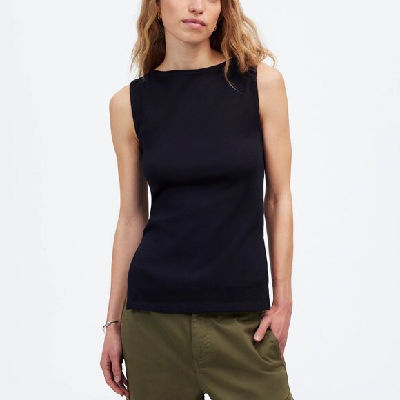 Madewell Tops - Madewell Sleeveless Boatneck Stretch Cotton Blend Side Slit Tee Black Size S NWT
